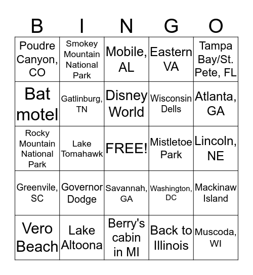 Blair Family Vacations Bingo Card