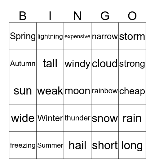 Seasons, weather and other words Bingo Card