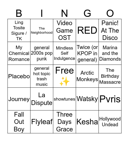 Carters music taste bingo Card