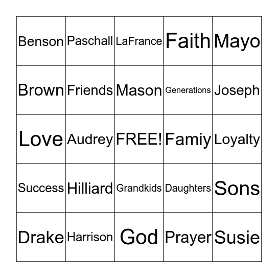 Family Bingo Card