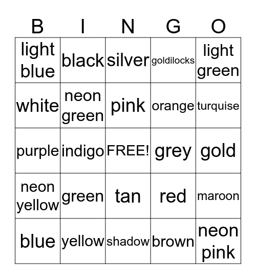 color bingo Card