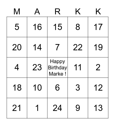 Mark's Birthday Bingo Card