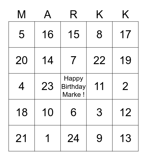 Mark's Birthday Bingo Card