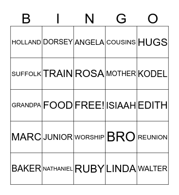 BAKER FAMILY REUNION 2013 Bingo Card