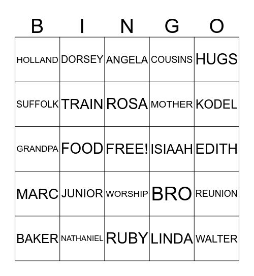 BAKER FAMILY REUNION 2013 Bingo Card