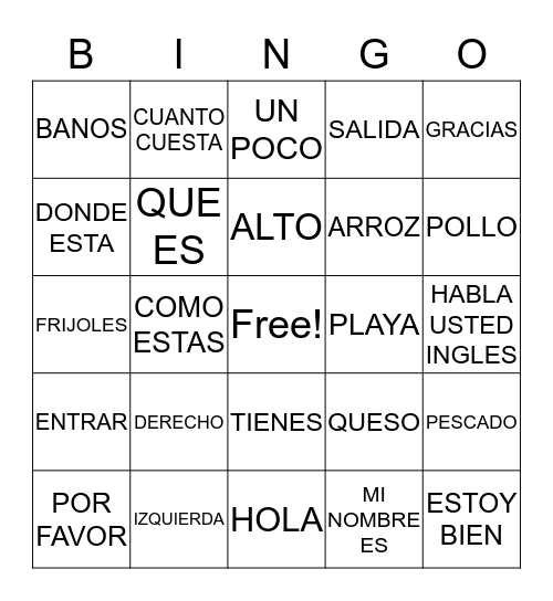 YO HABLO ESPANOL Bingo Card