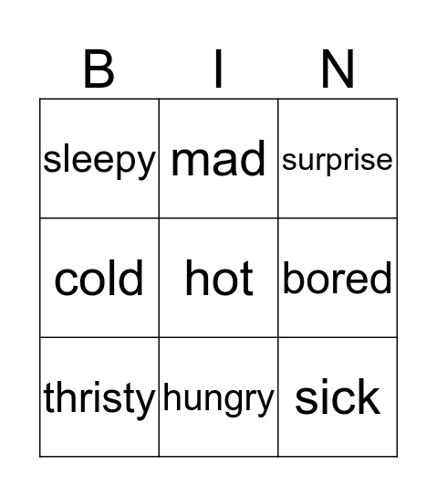 feelings Bingo Card