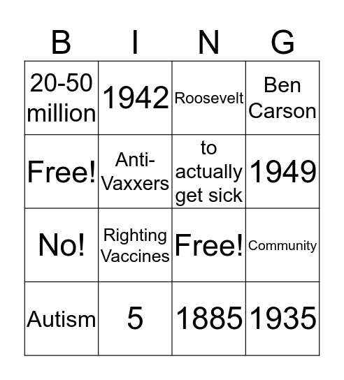 Vaccination Information Bingo Card