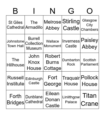 Scottish Buildings and Landmarks Bingo Card