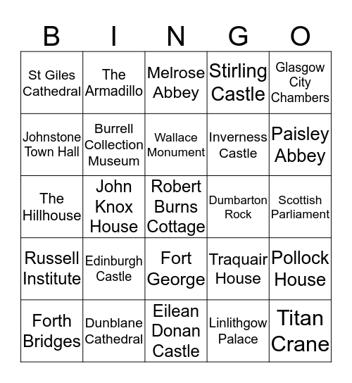 Scottish Buildings and Landmarks Bingo Card