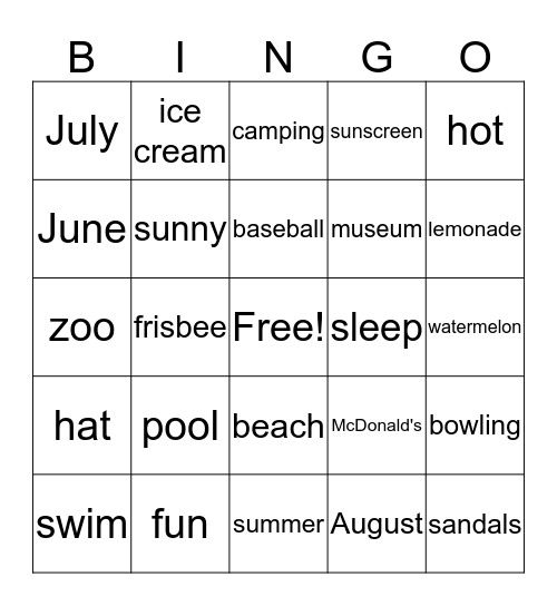 Summer Bingo Card