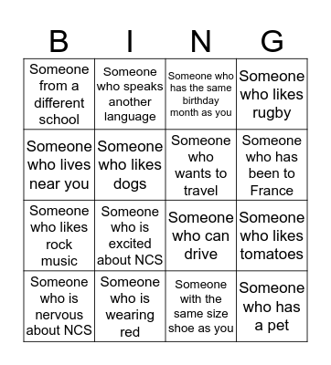NCS Call Bingo Card