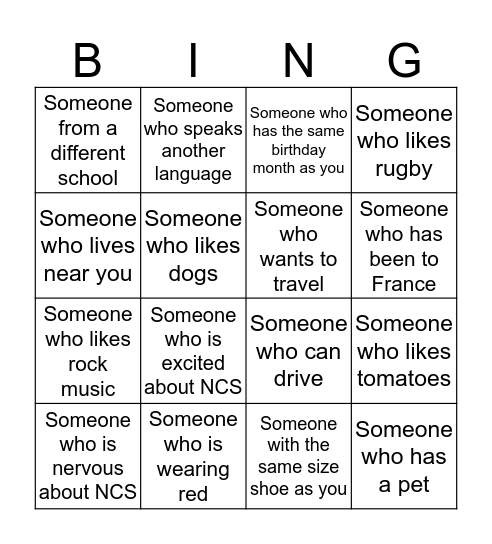 NCS Call Bingo Card
