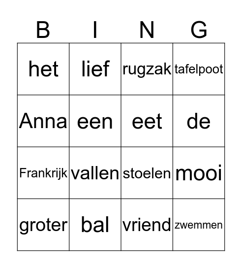 Woordsoorten Bingo Card