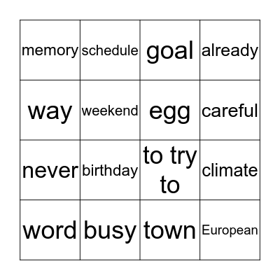 VOCABULARY BINGO Card