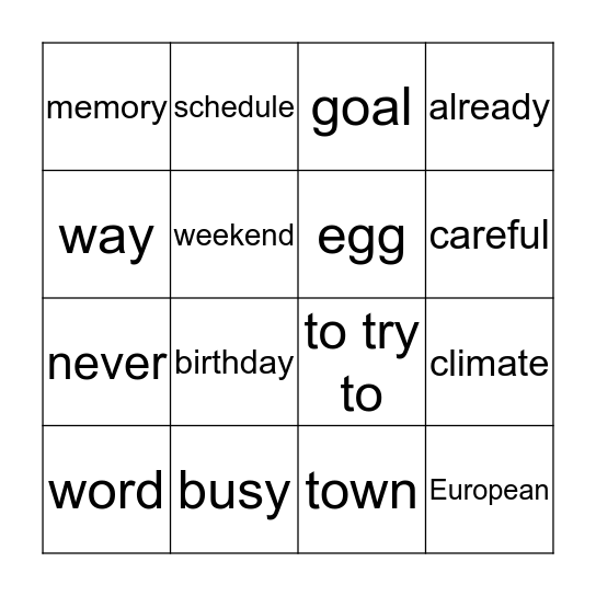 VOCABULARY BINGO Card