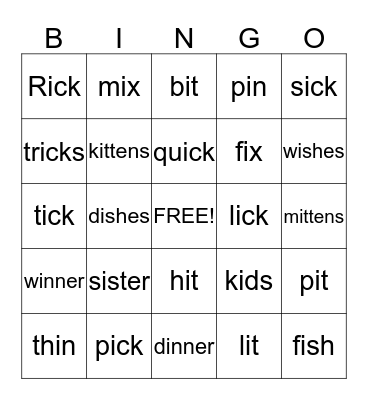 Short I Vowel Sounds Bingo Card