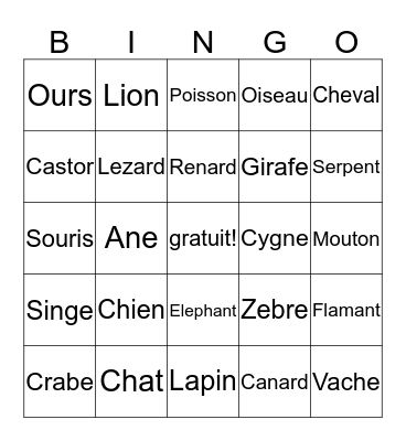 animals  Bingo Card