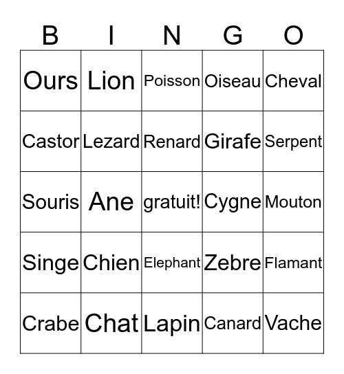 animals  Bingo Card