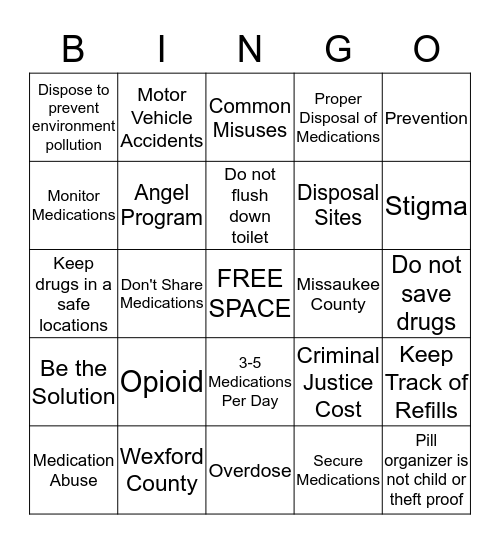 Prescription Drug Abuse Prevention Bingo Card