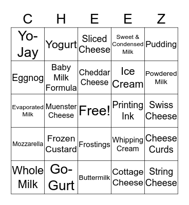 June Dairy Month Bingo Card