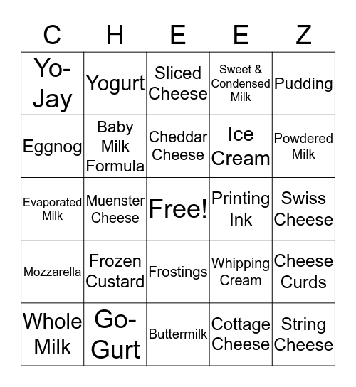 June Dairy Month Bingo Card