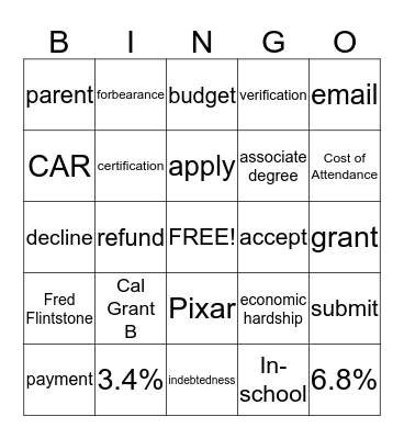 Financial Aid Bingo Card