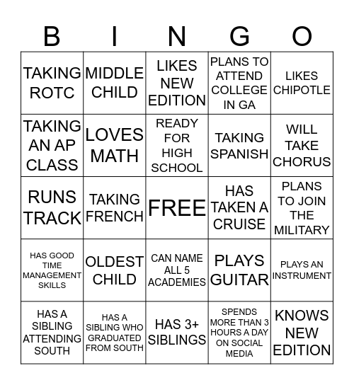 HIGH SCHOOL BINGO Card