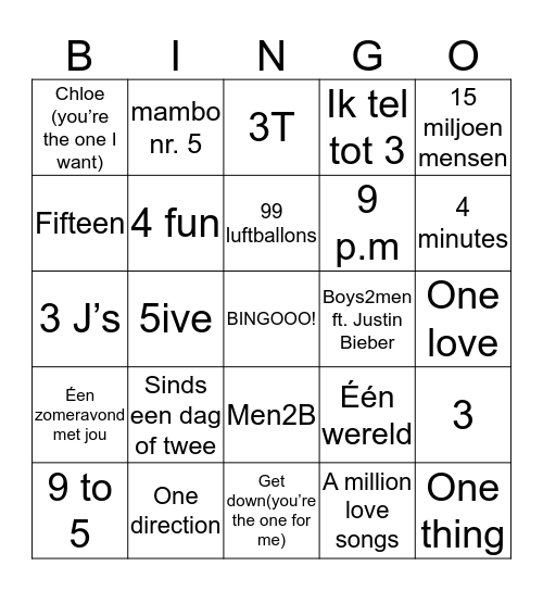 Boyband Bingo Card