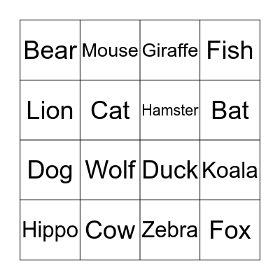Animal BINGO Card
