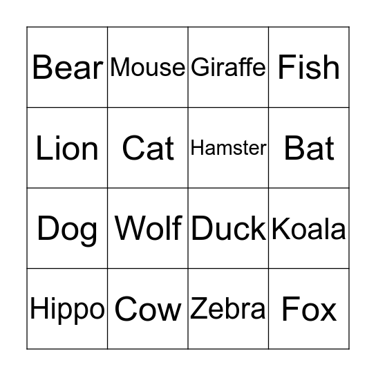 Animal BINGO Card