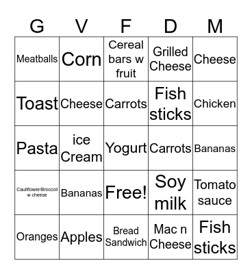 Food Bingo Card