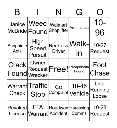 APD Dispatch Bingo Card