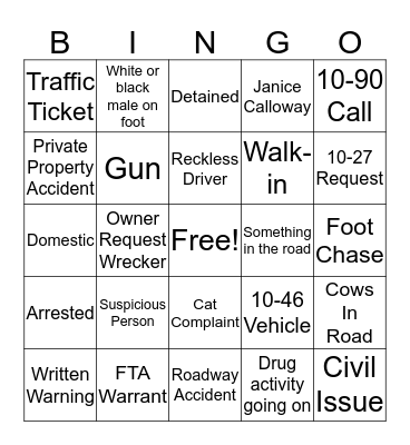 APD Dispatch Bingo Card