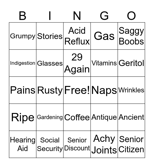 Over The Hill Bingo Card