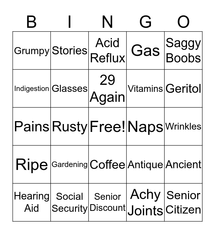 Over The Hill Bingo Card