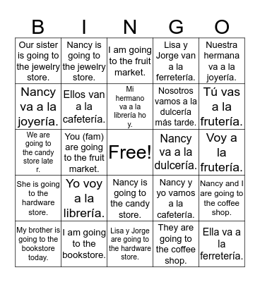 Ir- Present Tense Bingo Card