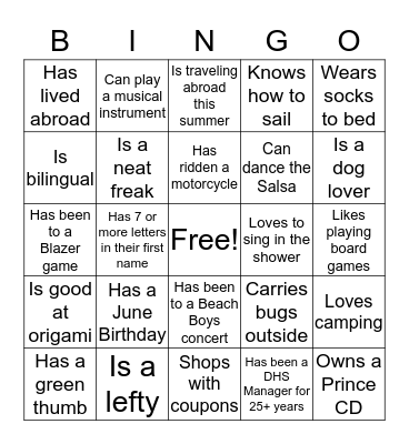 Team Building Activity Bingo Card
