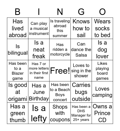 Team Building Activity Bingo Card