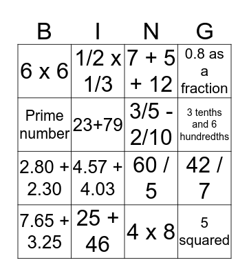 Maths Bingo Card