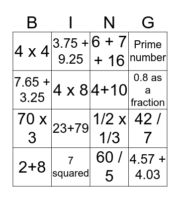 Maths Bingo Card