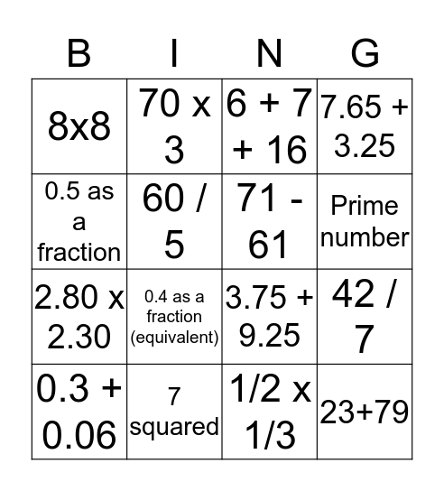 Maths Bingo Card