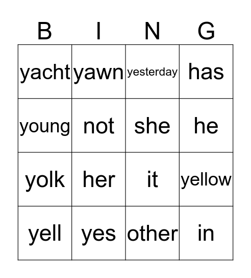 The Letter Y Bingo Card