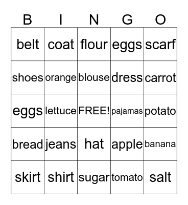 Clothing and Food Bingo Card