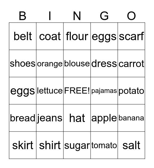 Clothing and Food Bingo Card