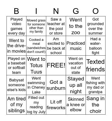 Summer Fun Bingo Card
