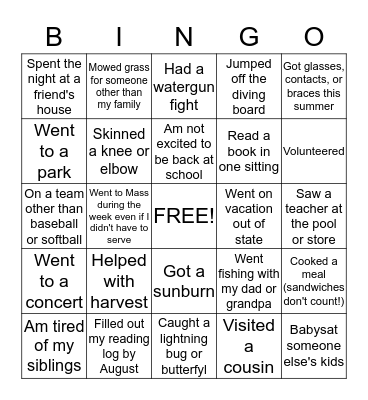 Summer Fun Bingo Card