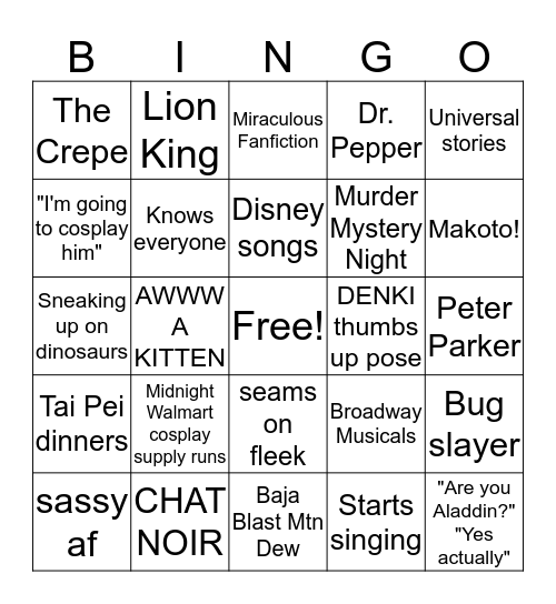 Austin/ Everyday Cosplay Bingo Card