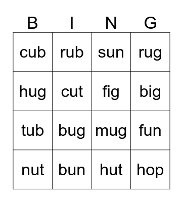 Short Vowel u Bingo Card