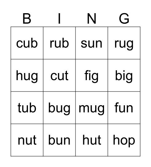 Short Vowel u Bingo Card